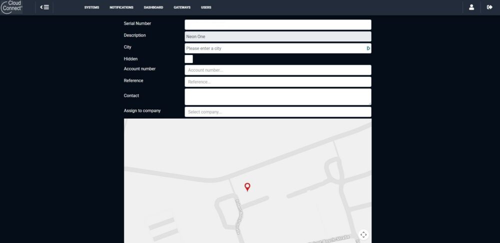 Gateway details form with Serial Number, Description, City, and Assign to company