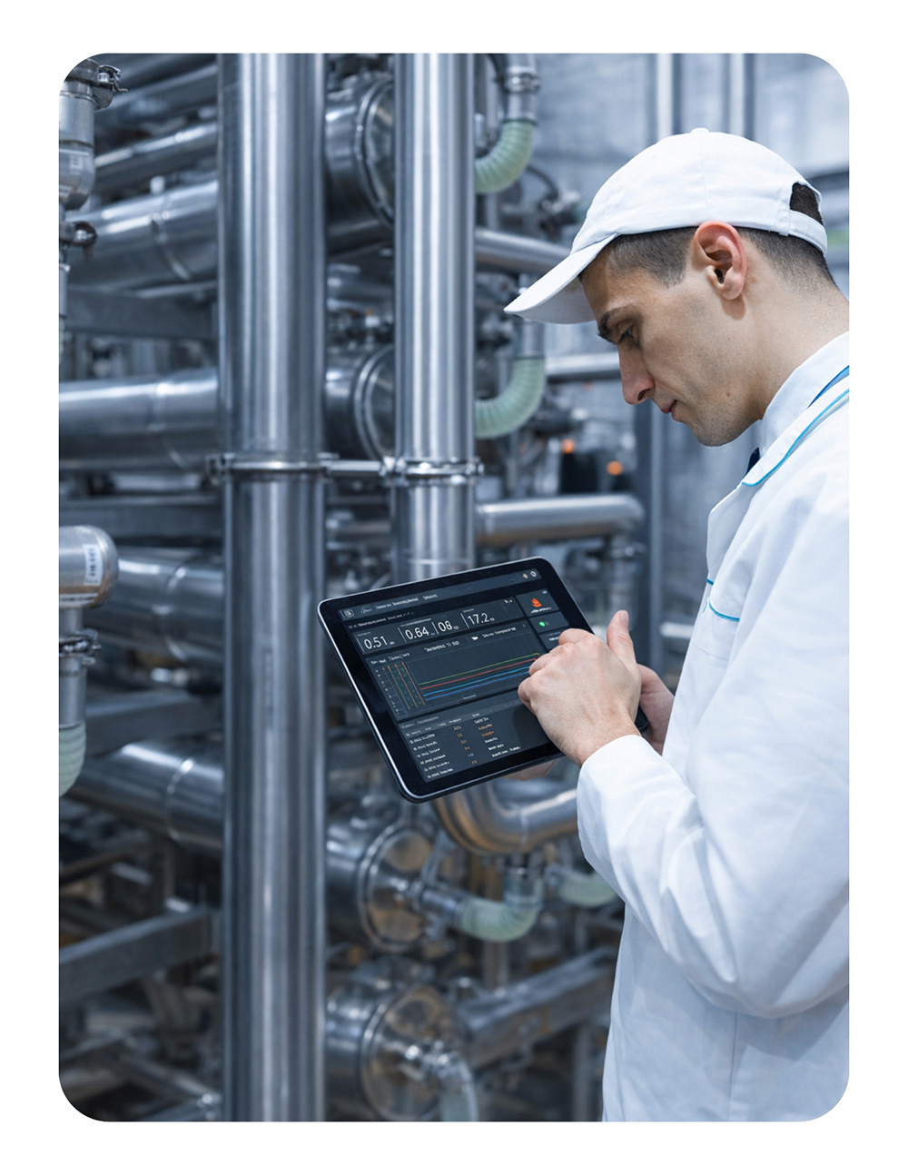 Technician looking at Cloud Connect on a tablet in a water facility