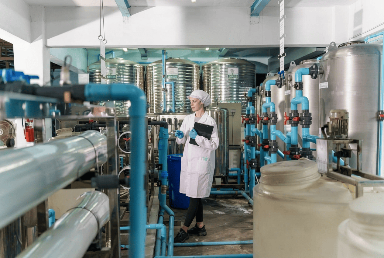 Technician in a white lab coat and hairnet inspecting equipment and taking notes inside an industrial water treatment facility with pipes, tanks, and filtration systems.